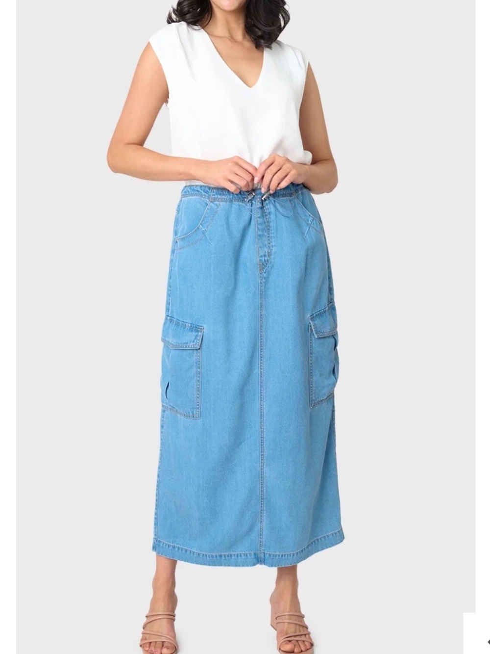 🪂🧃🥊Sanctuary Parachute Lighte Blue Denim Cargo Midi Skirt